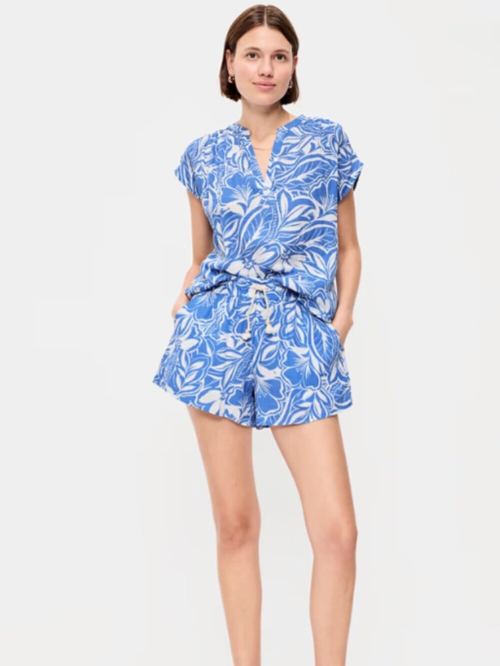 Old Navy Blue Printed Crinkle Gauze Popover Top & High-Waisted Shorts